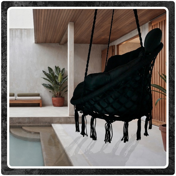 Czarna czarne Bocianie gniazdo huśtawka + PIKOWANA Poduszka XXL + 2 Zestawy