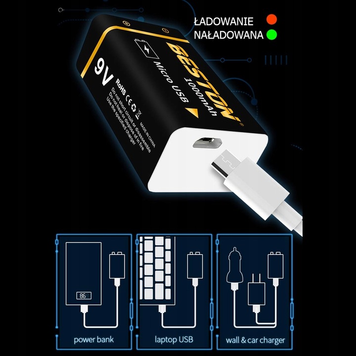 Akumulator 9V microUSB 1000mAh 6F22 6LR61 522 E-BLOCK R9 + kabel zasilający