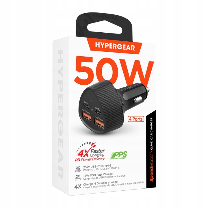 HyperGear superszybka ładowarka samochodowa QUAD 2xUSB-C PD, 2xUSB, 7A, 50W