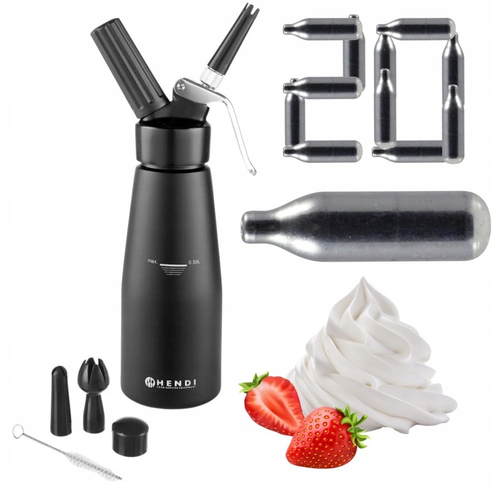 Czarny Syfon Do Bitej Śmietany Hendi Dekorator Dozownik + Naboje N2o 20 Szt