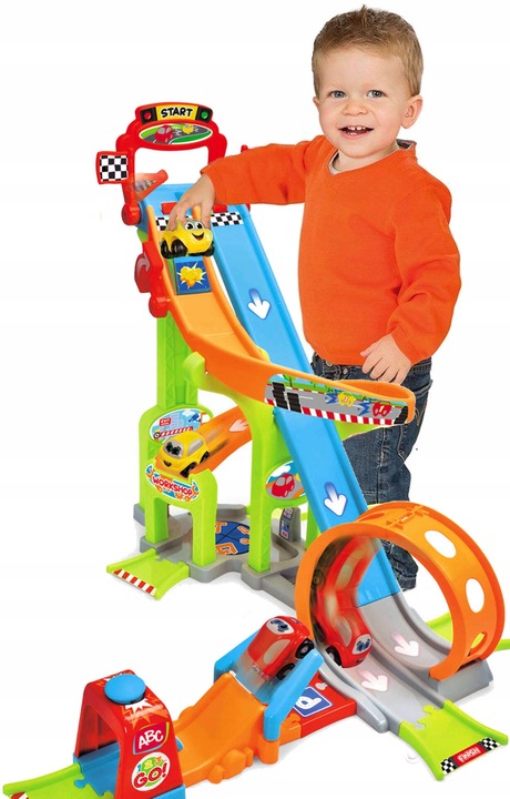 DUŻY GARAŻ TOR SAMOCHODOWY DLA AUTEK ZESTAW Z WYRZUTNIĄ I PĘTLĄ + 2 POJAZDY