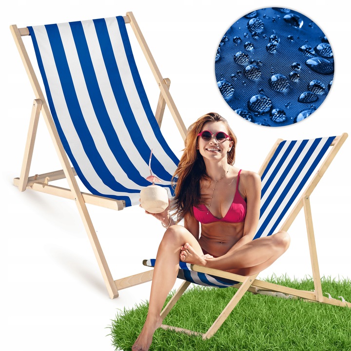 ROZKŁADANY LEŻAK Z DREWNA BUKOWEGO Niebieskie Paski na PLAŻĘ TARAS BALKON