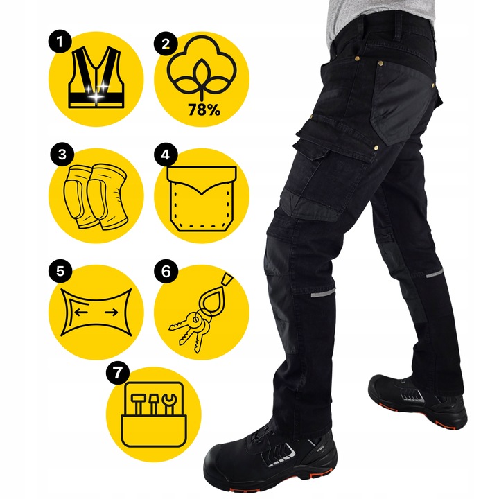 Spodnie robocze Jeans męskie Bojówki czarne Elastyczne Wygodne Stretch