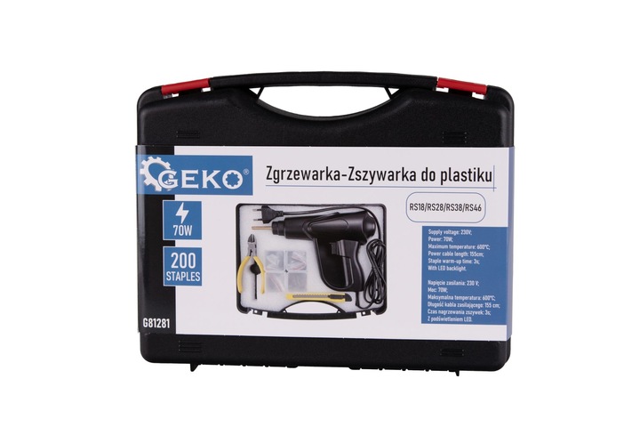 GEKO ZGRZEWARKA-ZSZYWARKA DO PLASTIKU 70W 200 ZSZYWEK WALIZKA +OSP G81281