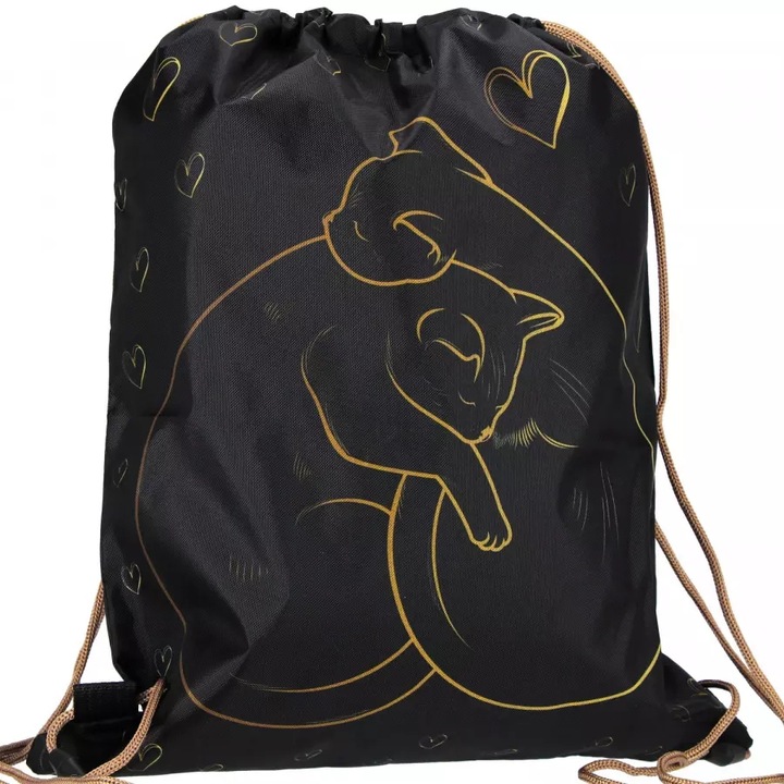 WOREK SZKOLNY PLECAK NA BUTY OBUWIE WF DZIEWCZYNKI CZARNY ZŁOTY KOTKI SERCE