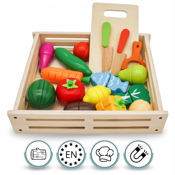 Drewniane Owoce i Warzywa Do Krojenia Zestaw XXL ze Skrzynką 17 elementów