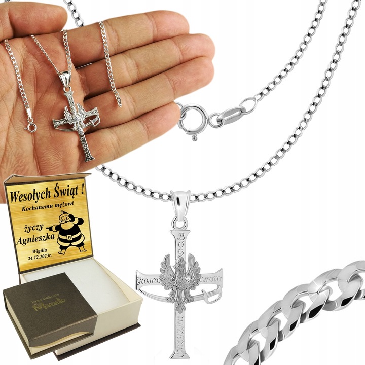 Łańcuszek Męski Srebrny Pancerka Patriotyczny Krzyżyk 925 Bóg Honor GRAWER