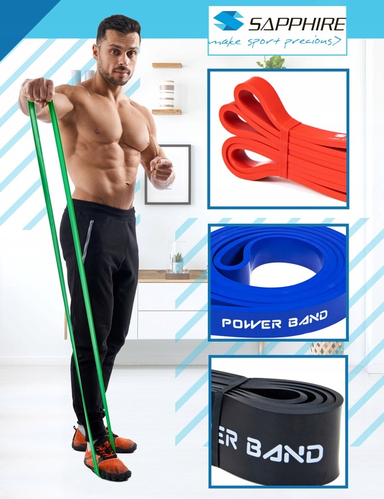 ZESTAW 4 GUM oporowych POWER BAND taśmy TRENINGOWE DO ĆWICZEŃ SAPPHIRE