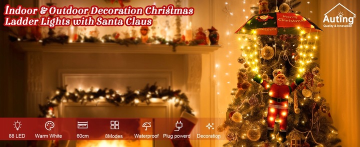 Mikołaj Ze Spadochronem LED 60cm Ozdoba Świąteczna 8 Trybów Dekoracja