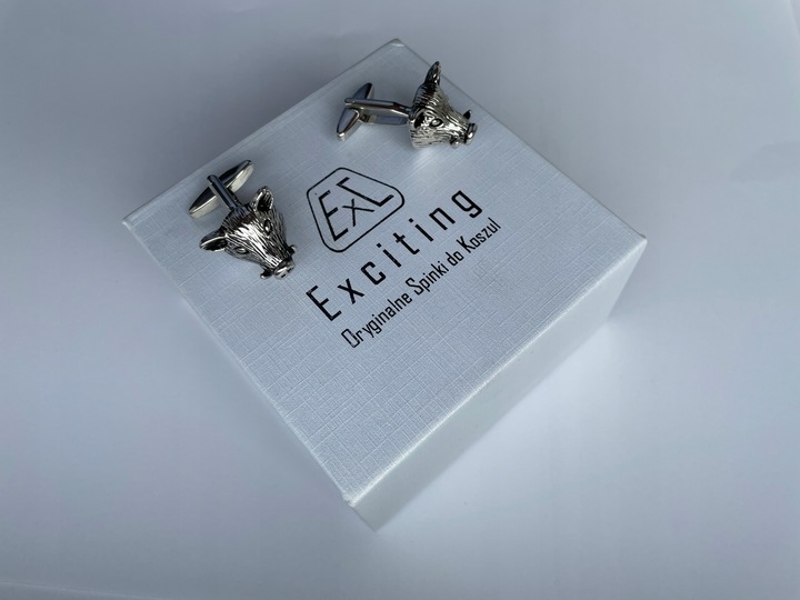 Srebrne spinki do mankietów EXC Dzik Dziki Głowa Dzika dla Myśliwego w Etui