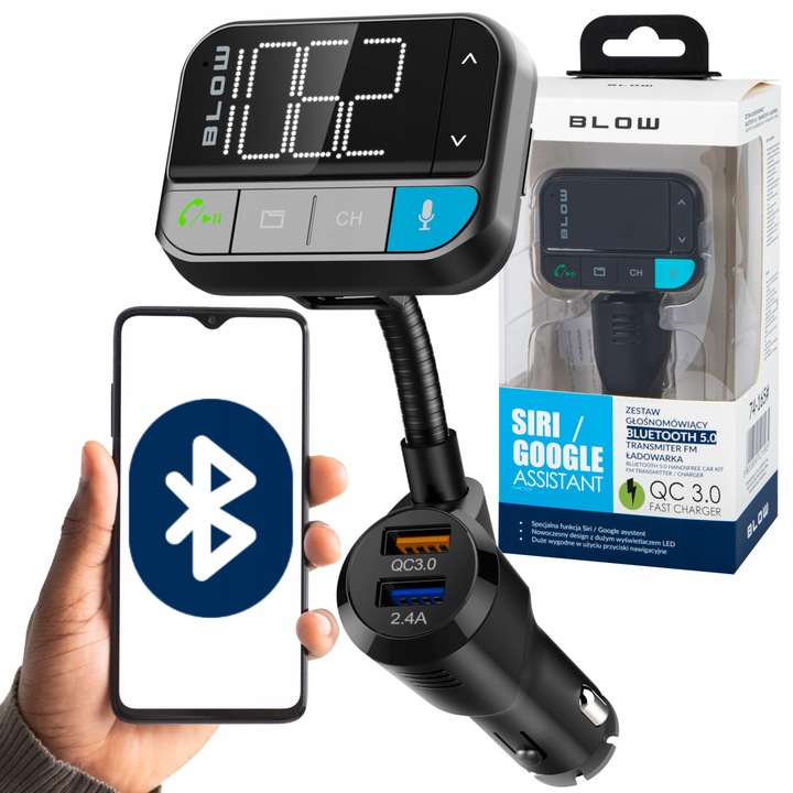 TRANSMITER FM BLUETOOTH 5.0 ZESTAW GŁOŚNOMÓWIĄCY SD QC 3xUSB SIRI/GOOGLE