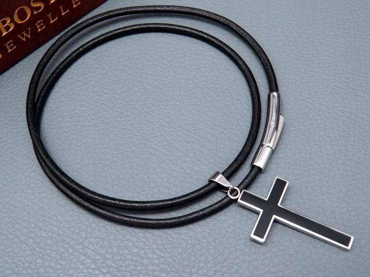 GRUBY RZEMIEŃ RZEMYK NA SZYJĘ Z KRZYŻYKIEM ZESTAW STAL CHIRURGICZNA + SKÓRA