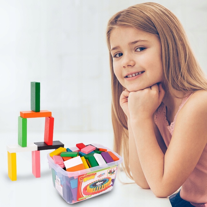KLOCKI DOMINO KOLOROWE DREWNIANE EDUKACYJNE GRA ZRĘCZNOŚCIOWA 200 ELEMENTÓW