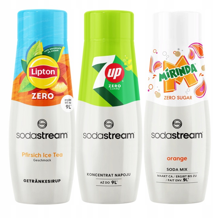 3 syropy Sodastream Lipton Ice Tea Peach Zero + 7up Free + Mirinda Zero