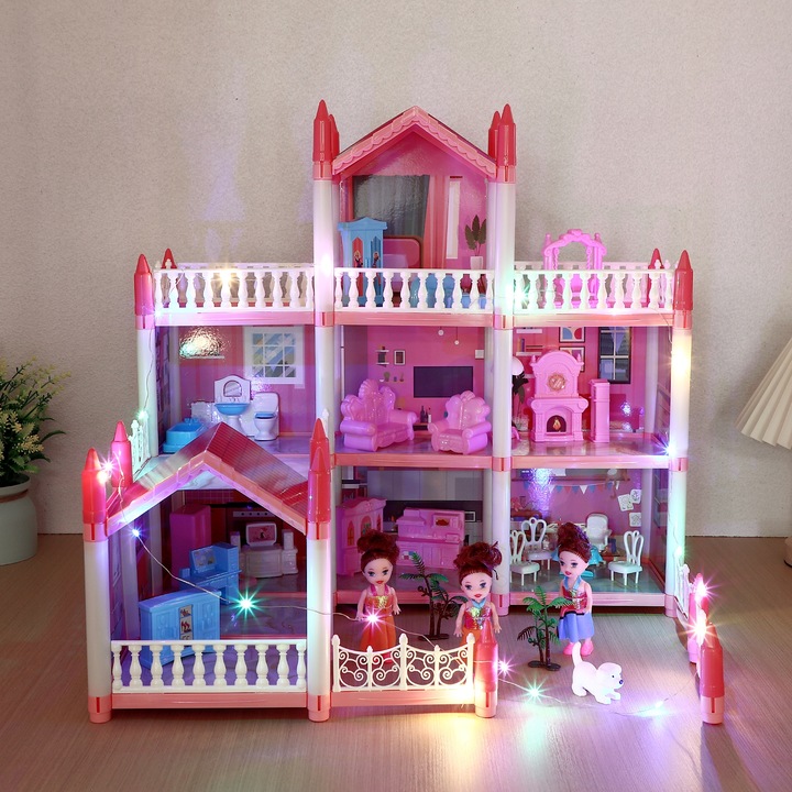 DUŻY ZESTAW MEBLI DO DOMKU DLA LALEK 3 PIĘTRA 9 POKOI z oświetleniem LED