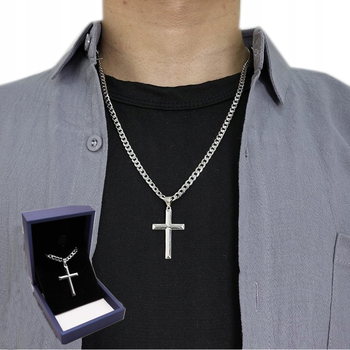 Męski KRZYŻYK SREBRNY z ŁAŃCUSZKIEM + GRATIS Łańcuch WŁOSKI Krzyż PEŁNY