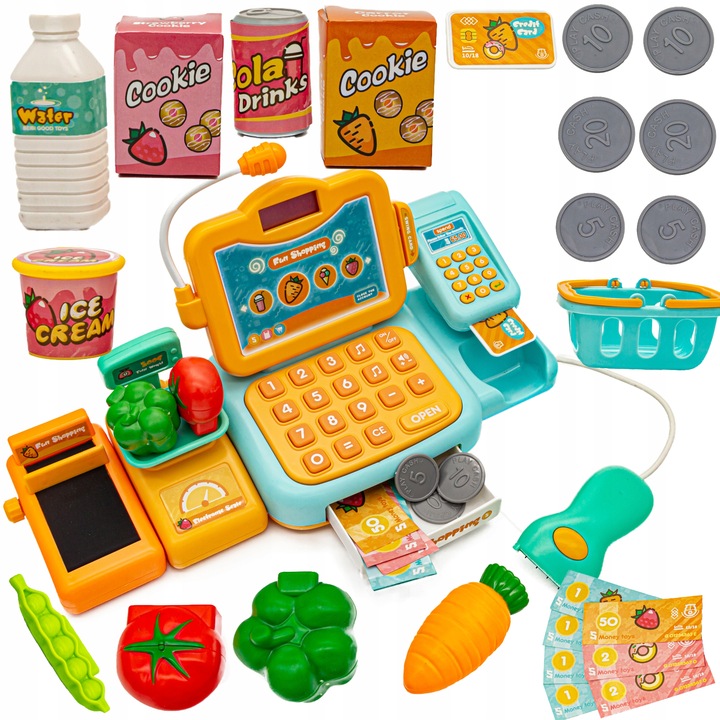 Sklepowa Kasa Fiskalna dla Dzieci ZABAWA w SKLEP Koszyk Waga Czytnik Monety