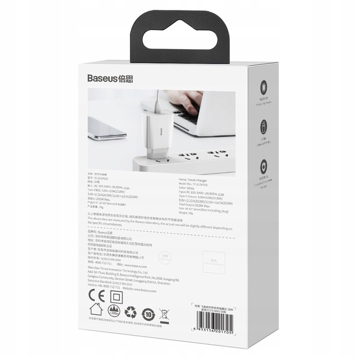 BASEUS SZYBKA ŁADOWARKA SIECIOWA MOCNA ZASILACZ USB-C TYPE-C QC 3.0 PD 20W