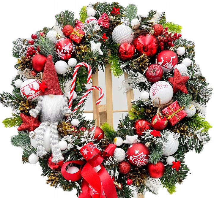 Wianek świąteczny 45cm biało-czerwony ze skrzatem wieniec stroik lampki LED