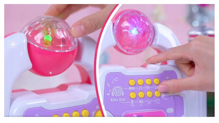 ZESTAW DO KARAOKE DLA DZIECI WZMACNIACZ + MIKROFON STATYW EFEKTY ŚWIATŁA