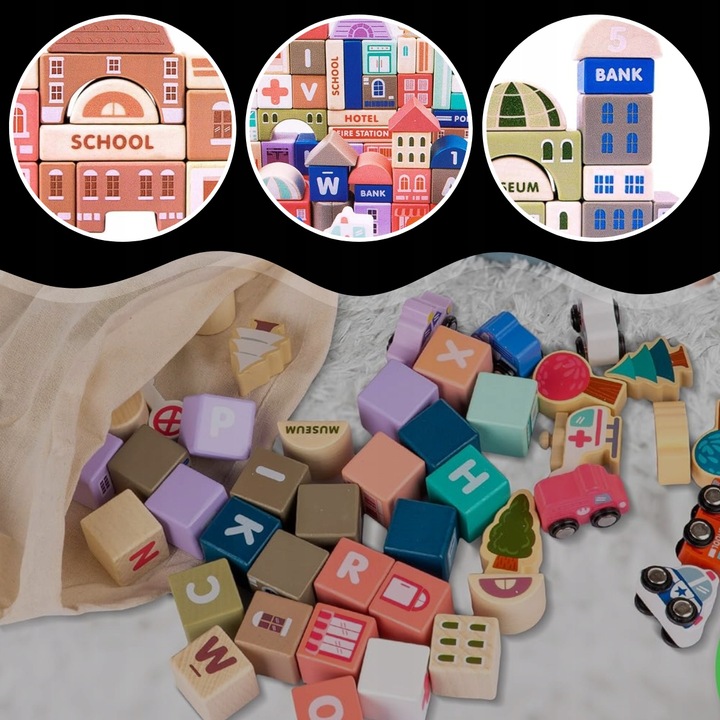 ZESTAW Klocki drewniane Miasto Auta Zestaw Puzzle Mata 115 Klocków EDU