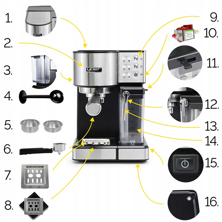 Ekspres do kawy Ciśnieniowy Automatyczny Yoer 20bar 1350W +Spieniacz Mleka