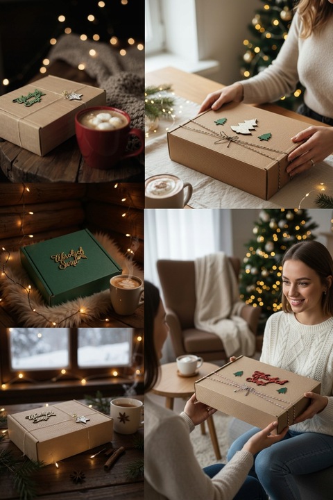 Pudełko prezentowe na prezent Święta zielone napis drewniany wypełnienie