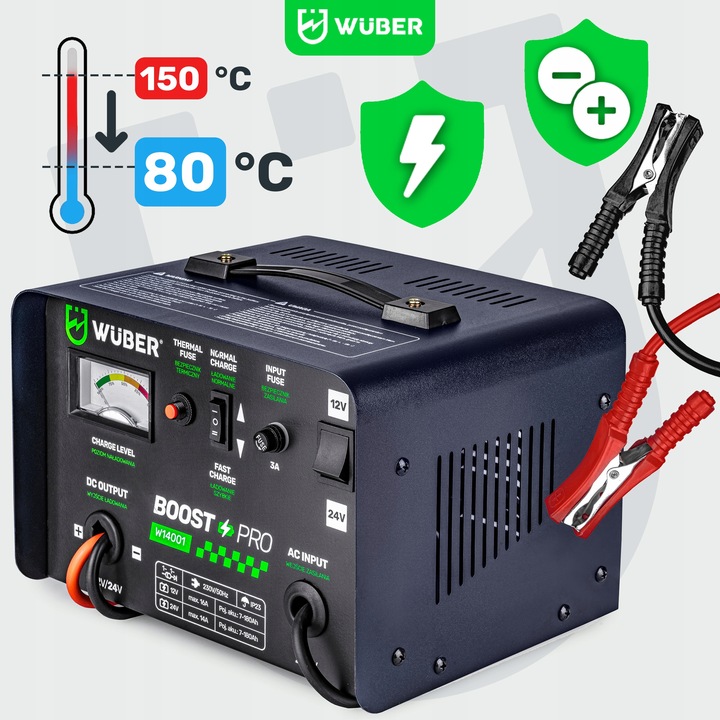 PROSTOWNIK AKUMULATOROWY 16A SAMOCHODOWY 7-180AH DO ŁADOWANIA 12V24V WUBER