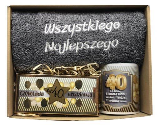 PREZENT NA URODZINY 18-70 Zestaw Kosz Prezentowy Ręcznik Kubek Czekolada