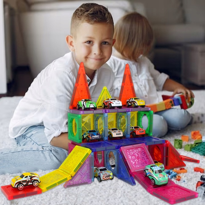 DUŻE Klocki Magnetyczne 3D Konstrukcyjne 20 Autek Zjeżdżalnia 68el Edukacja