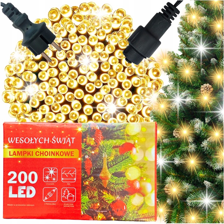 LAMPKI CHOINKOWE BIAŁY CIEPŁY 200 LED FLASH GRUBE WEW/ZEW NA CHOINKĘ 15M