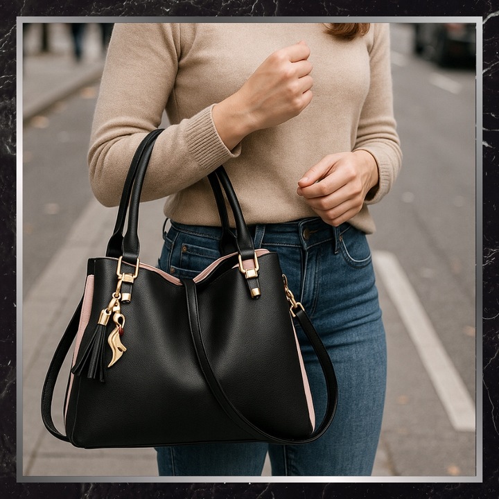 Torebka Damska Skórzana BAD&BAGS Na Ramię Torba Shopperka Czarna Pojemna