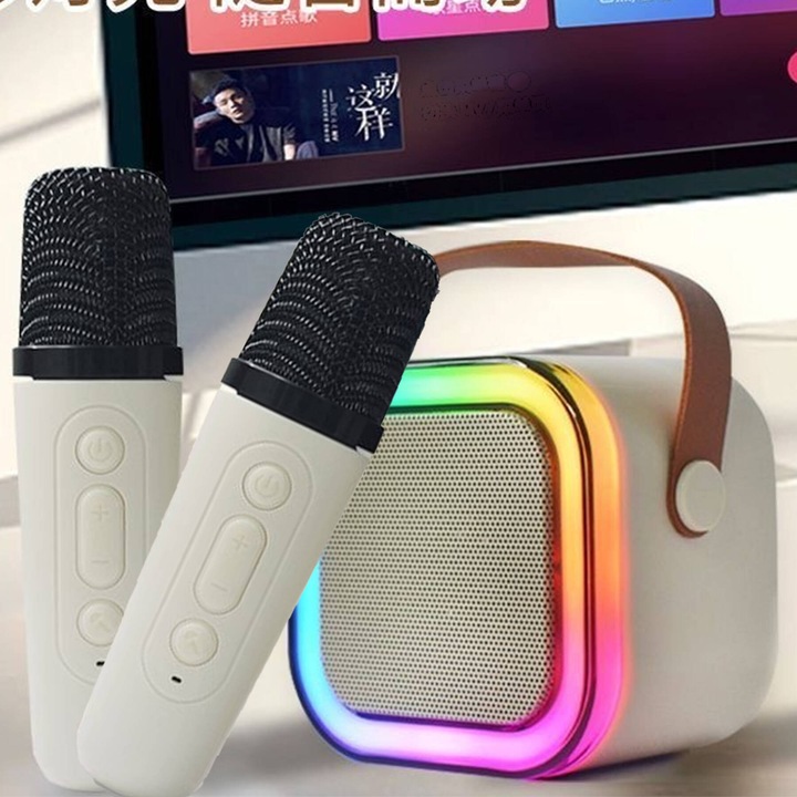 GŁOŚNIK BLUETOOTH PRZENOŚNE KARAOKE LAMPKA RGB 2 MIKROFONY USB SD MINI JACK