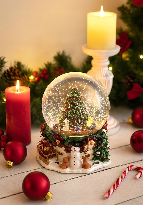 SZKLANA KULA Z POZYTYWKĄ ŚNIEŻNA CHOINKA BAŁWAN 17x13cm ŚWIĄTECZNA FIGURKA