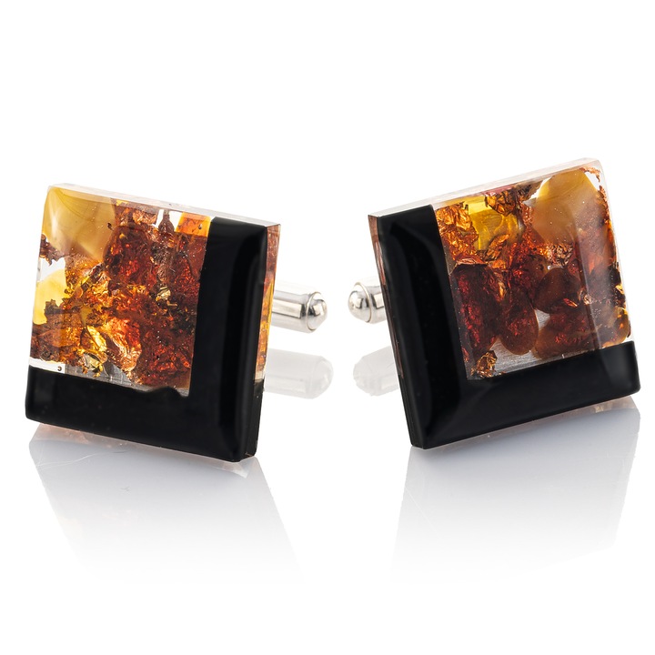 Duże srebrne spinki do mankietów Węgiel i Bursztyn SMW-027