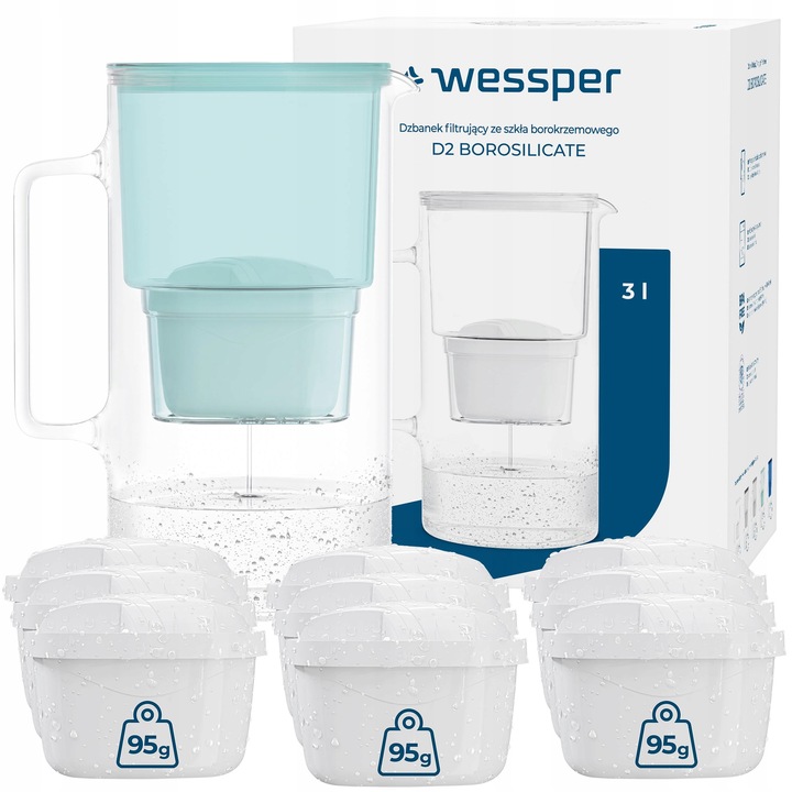 Dzbanek filtrujący szklany Wessper aquamax 3l + 10x Filtr Wessper aquamax