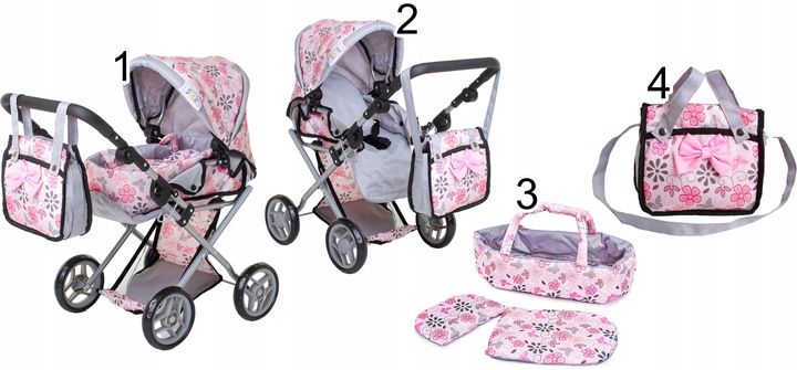 Wózek dla lalek 3w1 SPACEROWY GŁEBOKI + LALKA BOBAS INTERAKTYWNA ZESTAW XXL