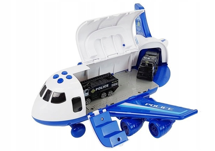 TRANSPORTER SAMOLOT 3 AUTA POLICJA ZESTAW ZABAWKA ŚWIATŁA LED DŹWIĘKI