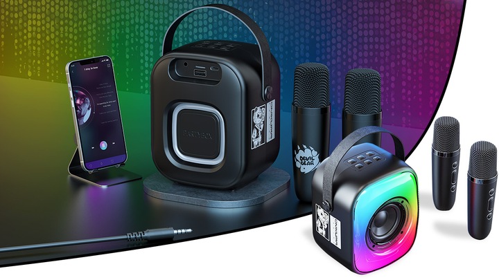 ZESTAW GŁOŚNIK BLUETOOTH PRZENOŚNY KARAOKE RGB 2 MIKROFONY USB SD MINI JACK