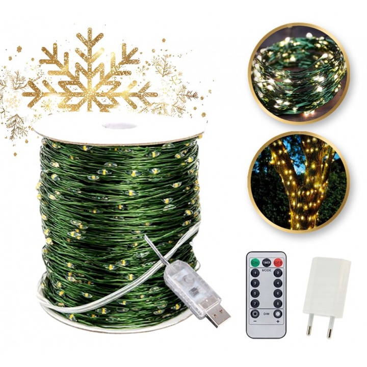 LAMPKI CHOINKOWE Świąteczne 1000 LED Ciepłe Białe 100m Drucik Szpula USB