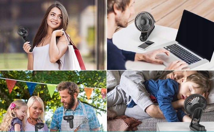 WENTYLATOR RĘCZNY MINI SKŁADANY 5 PRĘDKOŚCI NAWIEWU I 180° PRZENOŚNY CZARNY