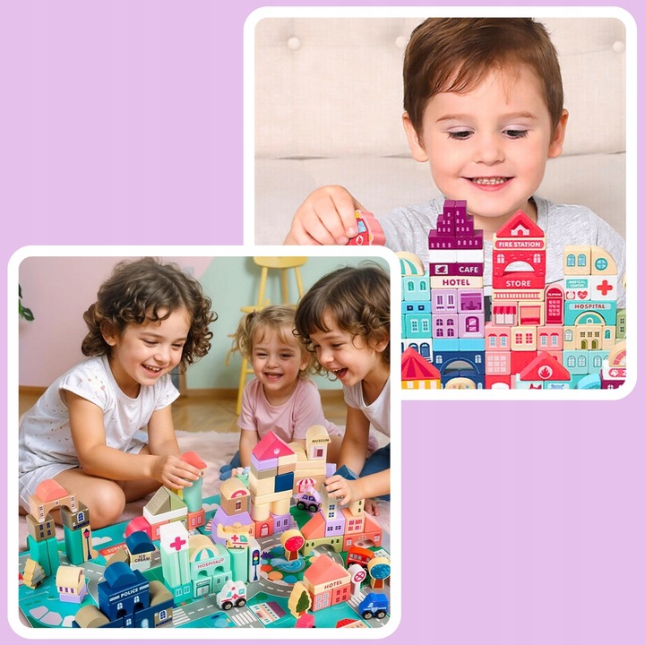 ZESTAW Klocki drewniane Miasto Auta Zestaw Puzzle Mata 115 Klocków EDU