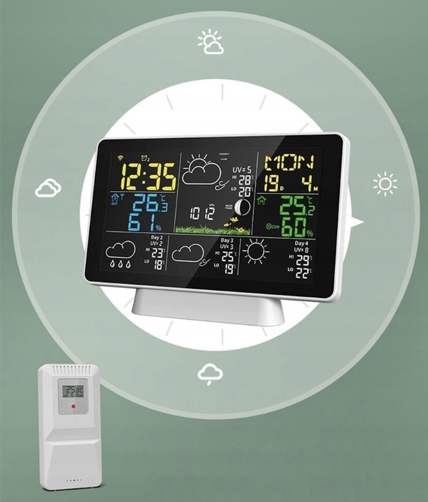 STACJA POGODY WiFi 3 CZUJNIKI UV hPa TEMP WILGOTNOŚĆ FAZY KSIĘŻYCA BUDZIK