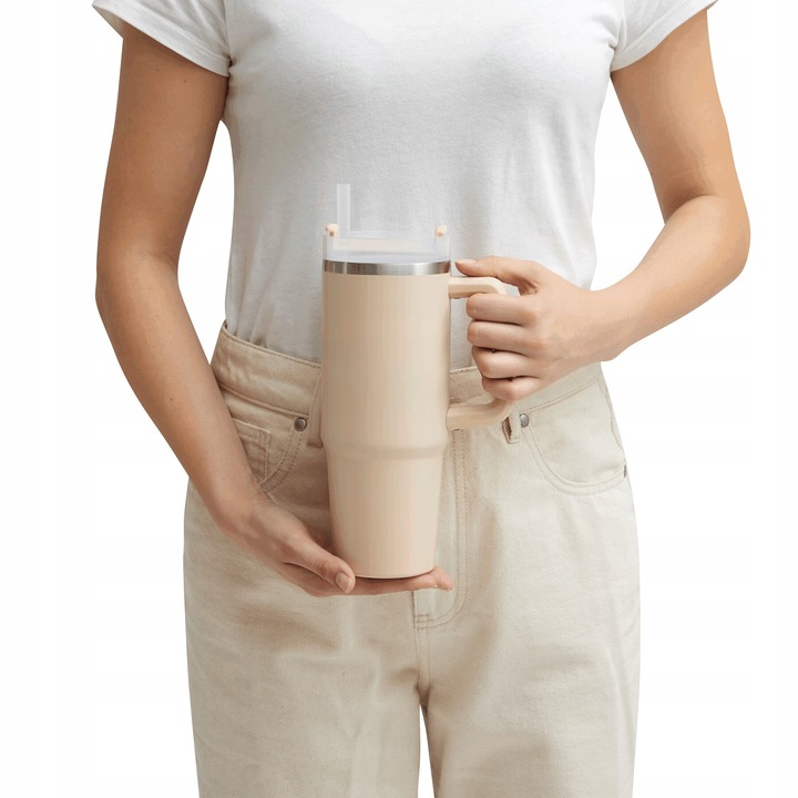 KUBEK TERMICZNY z Uchwytem i Słomką SZCZELNY 900 ml do AUTA STAL Nierdzewna