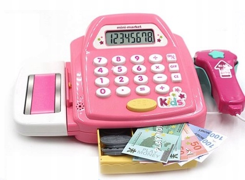 KASA SKLEPOWA FISKALNA SKANER DŹWIĘK KALKULATOR MONETY PIENIĄDZE AKCESORIA