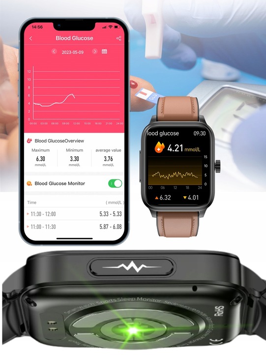 SMARTWATCH ZEGAREK TEMPERATURA CIAŁA POMIARU CUKRU GLUKOZA 3 PASKI HRV NFC