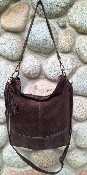 Vera Pelle Torebka Listonoszka SKÓRA NATURALNA ZAMSZ Worek CZEKOLADA