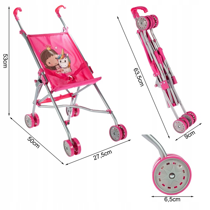 WÓZEK DLA LALEK SPACERÓWKA PARASOLKA JEDNOROŻEC LEKKI SKŁADANY SPACEROWY