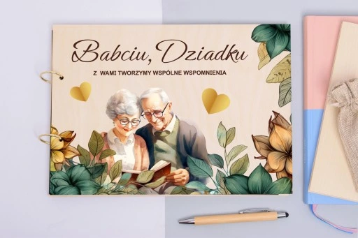 Piękny prezent na dzień babci i dziadka drewniany album wzory nadruk A4