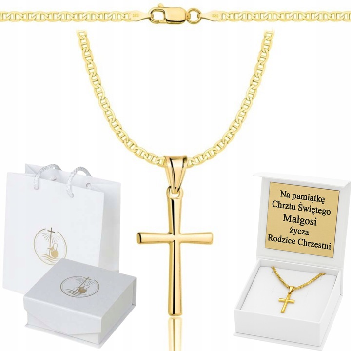 ZŁOTY ŁAŃCUSZEK NA CHRZEST CHRZCINY PAMIĄTKA Z KRZYŻYKIEM 585 925 + GRAWER
